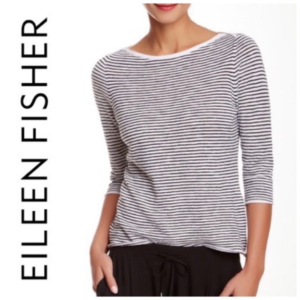Eileen Fisher Striped Boatneck Linen Pullover S